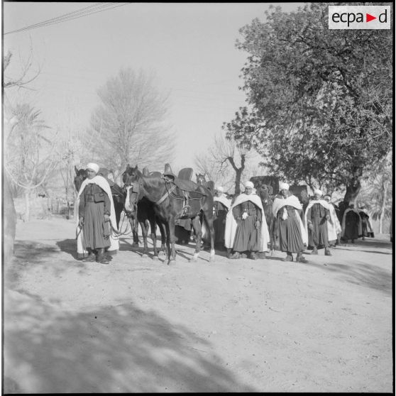 Des spahis du 5e régiment de spahis algériens (RSA) avec leurs chevaux.