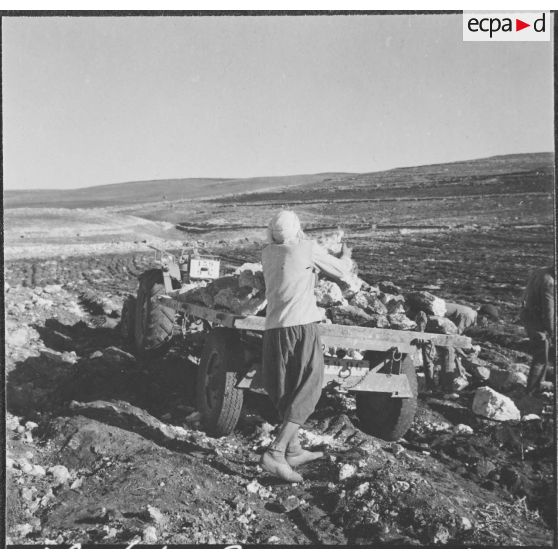 Chantiers de la Défense et Restauration des sols (DRS). Evacuation des pierres avec les divers moyens modernes employés.