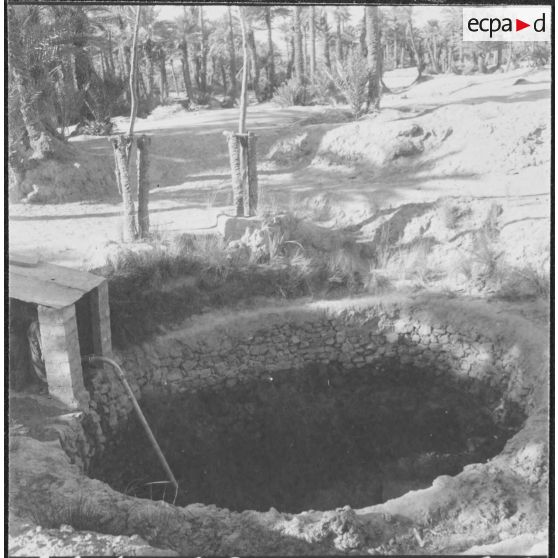 Taghit. Foyer agricole. Pour l'irrigation, une pompe a été installée permettant ainsi un débit d'eau plus important et plus rapide qu'avec les puits à balanciers.