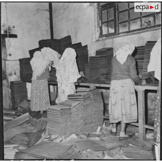Aïn el Hadjar. Fabrique de papier. Pliage du papier par des femmes.