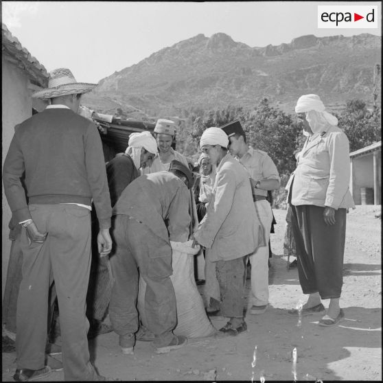 Distribution de semoule organisé par l'officier de la Section administrative spécialisée (SAS) au marché d'Ouled-El-Bahri.