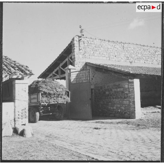 Ferme expérimentale du Kroub. Le tracteur va répandre le fumier dans les champs.