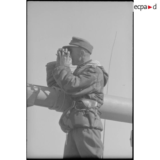 Juché sur un Nashorn du Schwere Panzer Abteilung 519, un colonel (Oberst) semble poser pour le reporter.