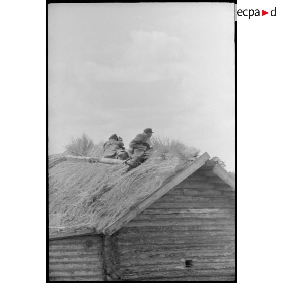 Des fantassins et des artilleurs du 519e bataillon lourd de chasseurs de chars (Schwere Panzerjäger Abteilung 519) observent le champ de bataille sur le toit d'une isba.