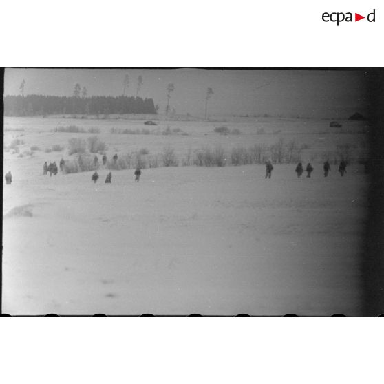 Progression dans la steppe russe de fantassins allemandes (Panzergrenadier) en soutien de Nashorn du schwere Panzerjäger-Abteilung 519.