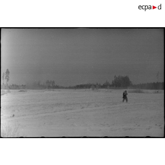 Progression dans la steppe russe de fantassins allemandes (Panzergrenadier) en soutien de Nashorn du schwere Panzerjäger-Abteilung 519.