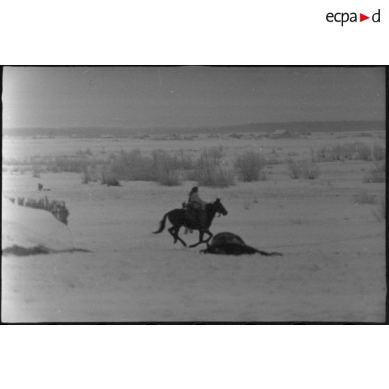 Un fantassin allemand à cheval lors de la prise d'une localité.