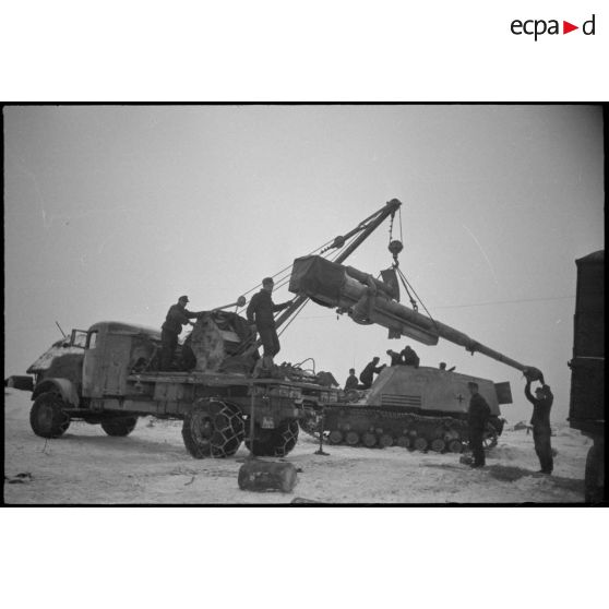 Un camion grue Mercedes-Benz Typ L 4500 S ou Büssing-NAG 4500 A permet le changement du canon de 8,8 cm Pak 41/43 du Nashorn baptisé "Eisbär".