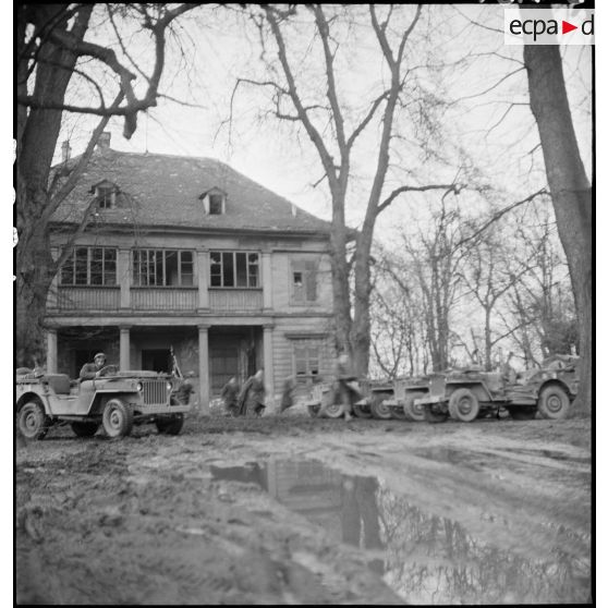 Le peloton spécial du 3e régiment de chasseurs d'Afrique (RCA) quitte le poste de commandement à bord de sa dotation en  jeeps Willys pour assurer une patrouille de surveillance.