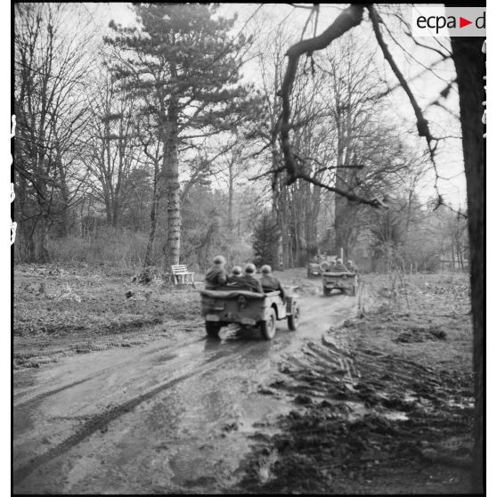 Le peloton spécial du 3e régiment de chasseurs d'Afrique (RCA) fait mouvement pour une mission de patrouille de surveillance à bord de jeep Willys.