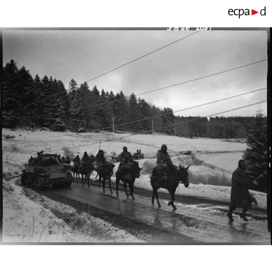 Progression d'une colonne de goumiers marocains à dos de mulets et d'une colonne de véhicules blindés vers Aubure (Haut-Rhin).