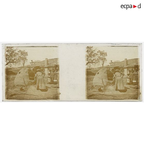 [Vie locale : une femme cuit un pain dans un four en plein air].<br>