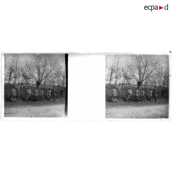 [Soldats alignés au bord d'une route devant une rangée d'arbres].<br> [Légende d'origine]
