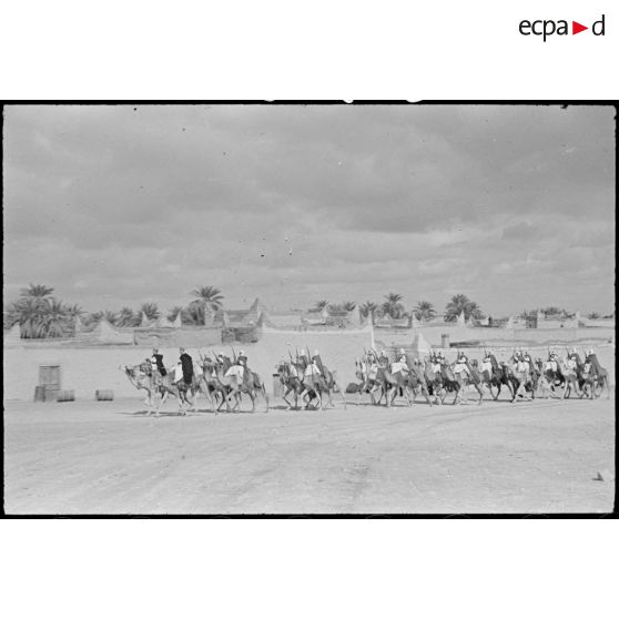 Vue d'un peloton méhariste monté au galop, à Rhamades.