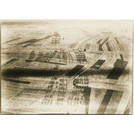 [Photographie aérienne d'un avion survolant une armée en marche dans une plaine].