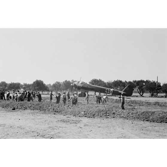 Sur le terrain d'aviation de Kastelli, en Crète, des ouvriers crétois travaillent à l'agrandissement de l'aérodrome.