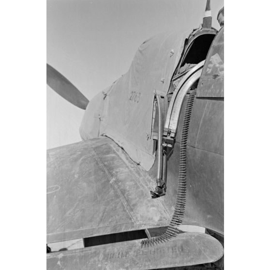 Un mécanicien approvisionne une mitrailleuse MG-81 qui équipe un Junkers Ju-87 du Sturzkampfgechwader 3.