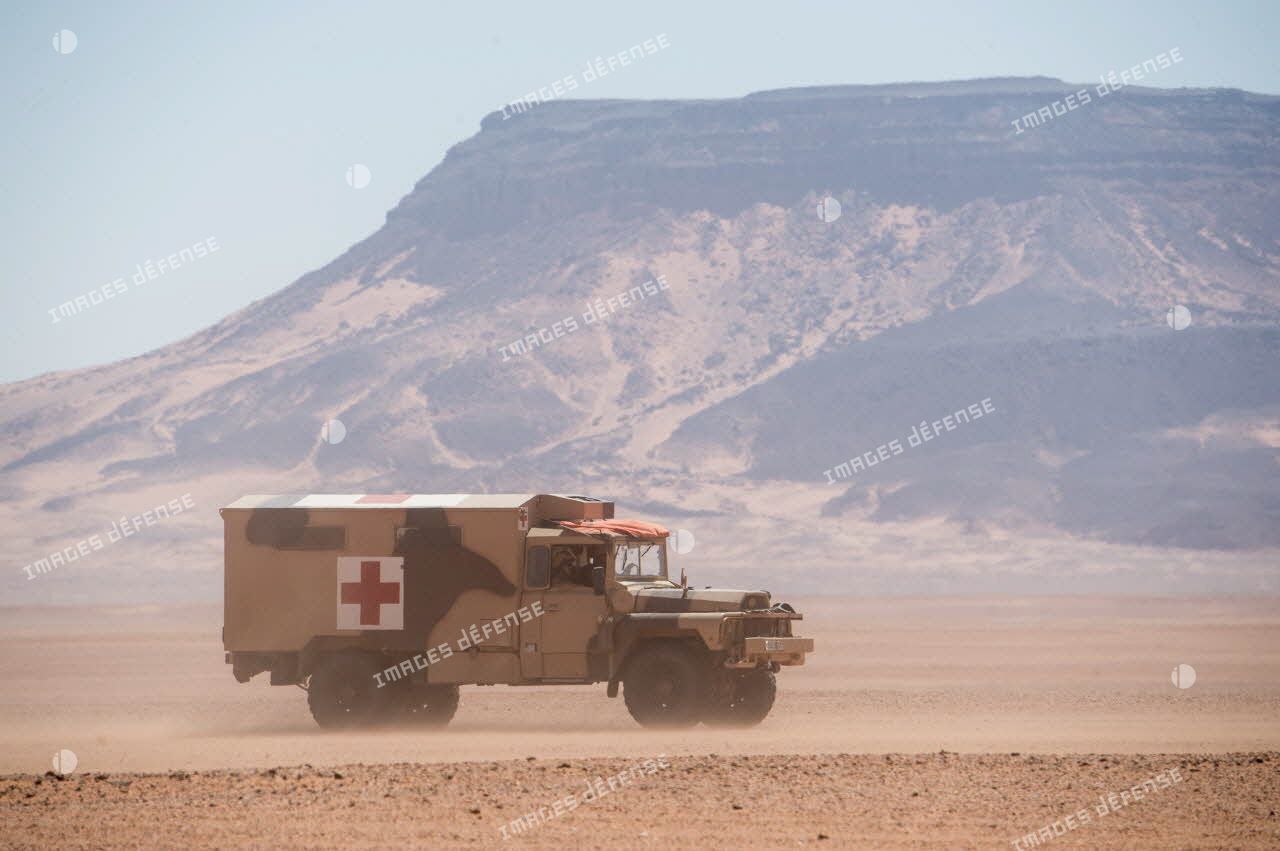 Un véhicule léger de reconnaissance et d'appui sanitaire (VLRA) traverse le désert nigérien.