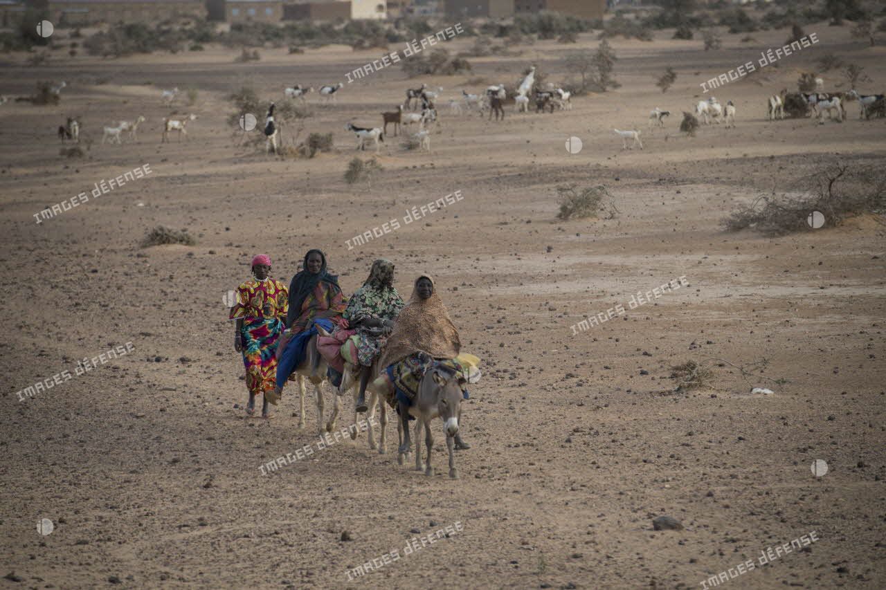 Femmes civiles maliennes photographiées lors de la traversée d'un village dans le cadre d'un convoi vers Ansongo.