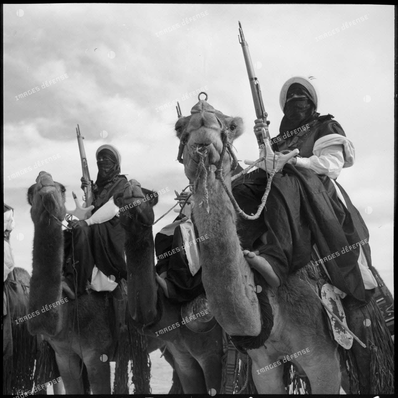 Touaregs du 2e peloton monté de la compagnie méhariste du Tassili (CMT) sur leurs dromadaires au Fort Tarat.