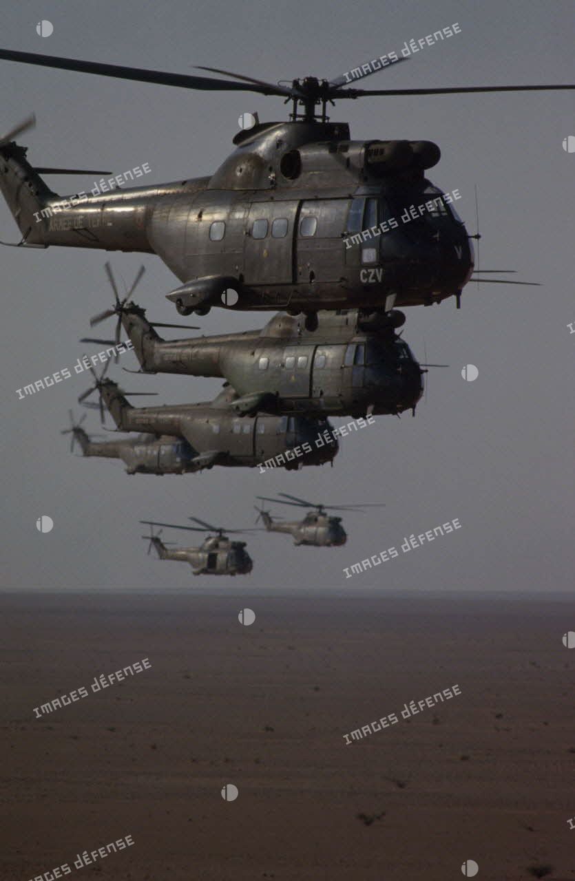 Six hélicoptères de transport Puma SA-330 des 1er et 5e RHC survolent le désert en formation groupée lors de l'héliportage de groupes de combat du 1er RI vers la zone d'opération nord.