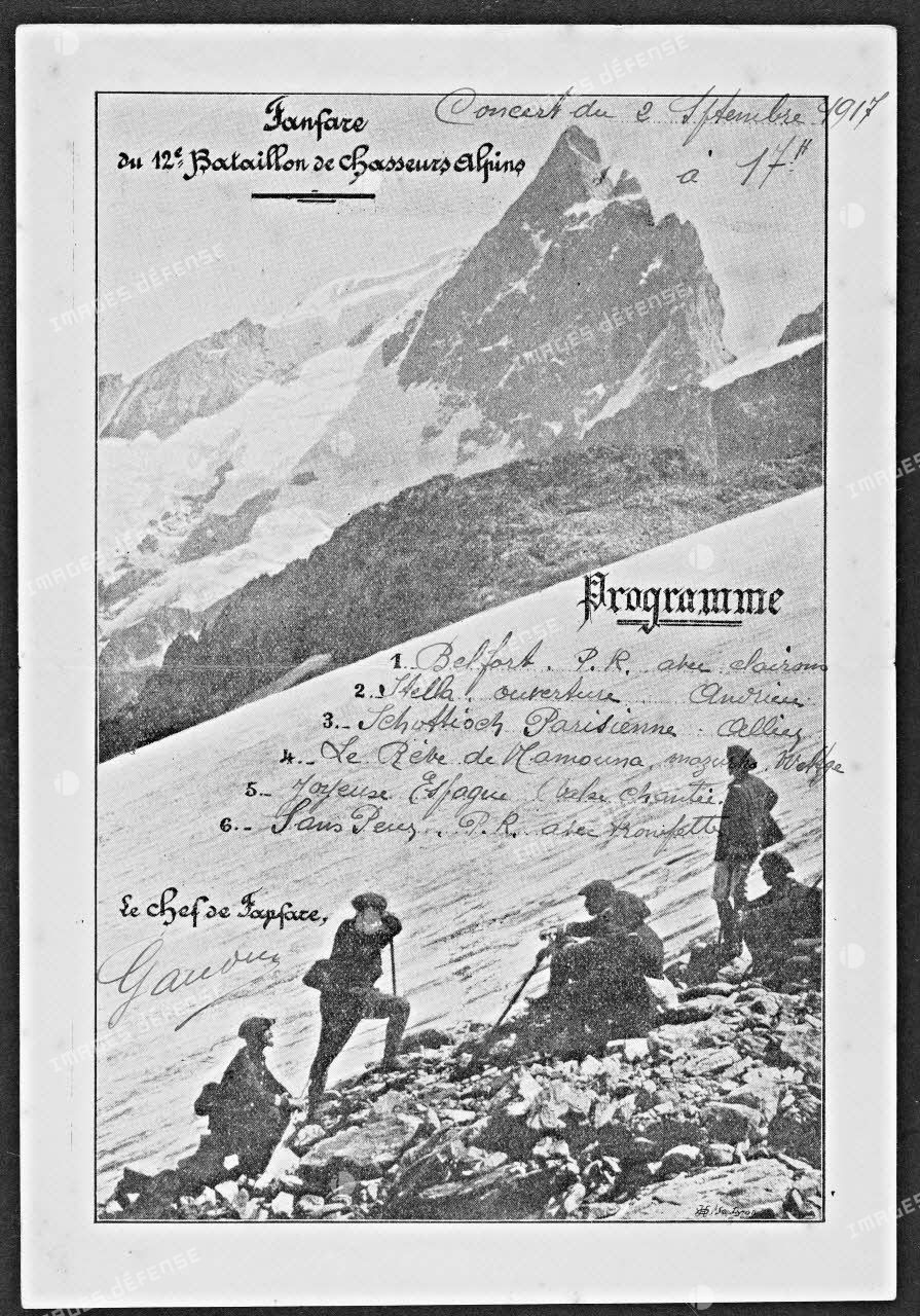 Fanfare du 12e bataillon de chasseurs alpins. Concert du 2 septembre 1917 à 17 h. [légende d'origine]<br>