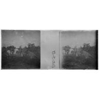 [Cadavre d'éléphant sur le sol avec, en arrière-plan, un palefrenier et un cheval blanc].