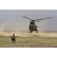 Un joint terminal attack controller (JTAC) du commando parachutiste de l'air n°20 (CPA 20) guide le poser d'un hélicoptère Puma SA-330B pour une évacuation sanitaire près d'Ayorou, au Niger.