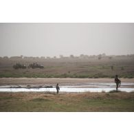 Des pick-ups nigériens progressent sur un terrain difficile près d'Ayorou, au Niger.
