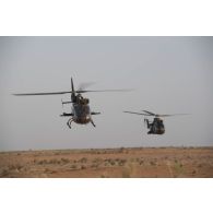 Des hélicoptères Gazelle SA-342M et Puma SA-330L du 5e régiment d'hélicoptères de combat (RHC) volent en formation au-dessus des monts Farach, au Mali.