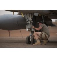 Un mécanicien intervient sur un avion Mirage 2000 C de l'escadron de chasse 2/5 Île-de-France à Gao, au Mali.