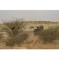 Un petit véhicule protégé (PVP) et des véhicules de l'avant blindés (VAB) du 515e régiment du train (RT) progressent en convoi sur le plateau de Batal, au Mali.