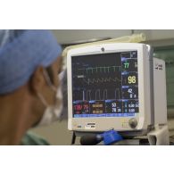 Un chirurgien surveille les constantes d'un patient civil lors d'une opération de la jambe au bloc opératoire du Rôle 2 de Gao, au Mali.