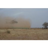 Atterrissage d'un hélicoptère Caïman NH-90 dans la région d'Ansongo, au Mali.