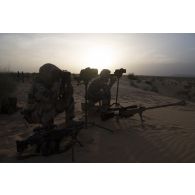 Des soldats du groupe de tireurs d'élite longue distance (TELD) observe le terrain dans la région de Bitagoungou, au Mali.