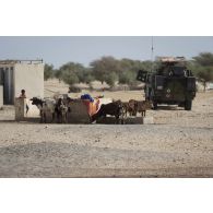 Un véhicule de l'avant blindé (VAB) du régiment de marche du Tchad (RMT) stationne à côté d'un abreuvoir dans  la région de Bitagoungou, au Mali.