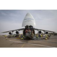 Déchargement d'un hélicoptère Caïman NH-90 TTH depuis la soute d'un avion Antonov An-124-100 à Niamey, au Niger.