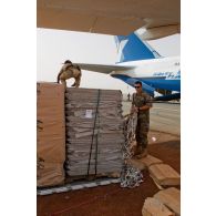 Constitution d'une palette de fret de matériel en zone de transit. En arrière-plan, un avion-cargo de transport Antonov AH-124-100 russe au déchargement.