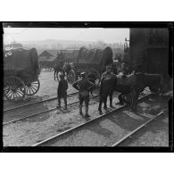Missy-sur-Aisne (Aisne). Gare américaine de ravitaillement. Les fourgons. [légende d'origine]