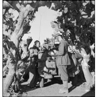 Au poste de commandement du groupement Mazoyer, un officier de liaison du 5e RCA transmet un message.