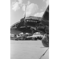 Des bombardiers Heinkel He-111 du Kampfgeschwader 26 sous les hangars du terrain d'aviation d'Eleusis.