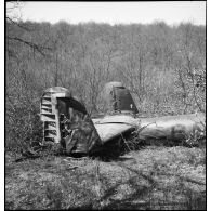 Les restes de la dérive de l'avion de reconnaissance allemand abattu sont photographiés en plan général.