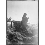 Plan général de trois quarts avant d'un mortier de 280 mm Schneider dans le secteur de la 4e armée.