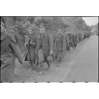 Une colonne de prisonniers avance péniblement.