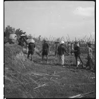 Travail collectif entre soldats vietnamiens et villageois sur la route coloniale n°1 près du village de Nguyen Hanh.