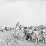 Travaux de refection de la route reliant Haiduong à Cui Loc par des travailleurs vietnamiens sous la surveillance de soldats franco-vietnamiens.