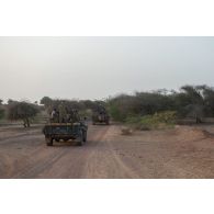 Des soldats maliens patrouillent à bord de leurs picks-ups sur la route d'Andéramboukane, au Mali.