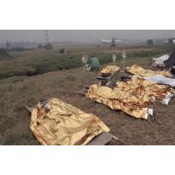 A l'aéroport de Goma, les secours sont débordés : des blessés perfusés et protégés par une couverture de survie occupent des brancards posés à même le sol.