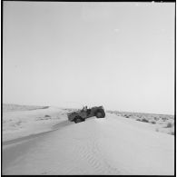 Un Dodge T214 WC51 de la compagnie saharienne portée de l'oued R'Hir progresse dans le désert.