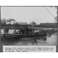 Passage d'un camion lesté à 10 tonnes (2200 AV - 7800 AR) (arrêt sur le pont et surcharge de 38 hommes dans le bateau - Vue d'amont). [légende d'origine]